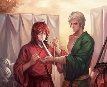 2boys bandage_in_mouth bandaged_arm bandages bare_pectorals brown_eyes closed_mouth commentary_request green_eyes green_kimono ishida_mitsunari_(sengoku_musou) japanese_clothes katou_kiyomasa_(sengoku_musou) kdash kimono male_focus multiple_boys pectorals red_hair red_kimono sengoku_musou short_hair v-shaped_eyebrows white_hair