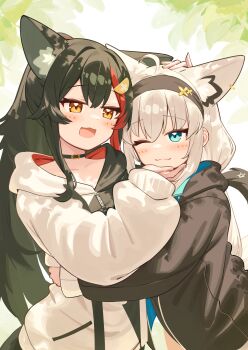 :3 :d ;3 absurdres ahoge animal_ear_fluff animal_ear_piercing animal_ears aqua_eyes black_choker black_hair black_headband black_hoodie black_jacket choker crossed_bangs day deaver double-parted_bangs double-parted_hair extra_ears fox_ears fox_girl fox_tail hair_between_eyes hair_ornament hairclip hand_on_another's_chin hand_on_another's_head headband high_ponytail highres hololive hood hooded_jacket hoodie hug jacket long_hair long_sleeves looking_at_another low_ponytail multicolored_hair no_pants official_alternate_costume one_eye_closed ookami_mio ookami_mio_(hoodie) open_mouth outdoors pentagram ponytail red_hair shirakami_fubuki shirakami_fubuki_(loungewear) sidelocks sleeves_past_wrists smile streaked_hair tail two-tone_hoodie very_long_hair virtual_youtuber white_hair white_hoodie wolf_ears wolf_girl wolf_tail yellow_eyes yuri