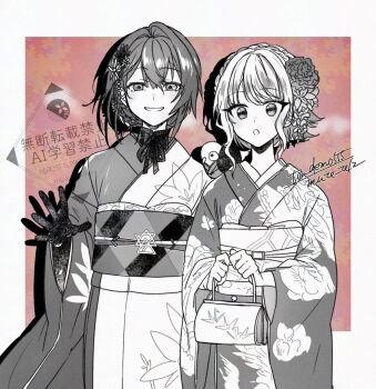 Rule 34 | 2girls, :o, ange katrina, ange katrina (new year), animal, animal on shoulder, artist name, bag, bird, bird on shoulder, border, braid, clothed animal, crown braid, drop shadow, floral print, floral print kimono, flower, gloves, greyscale with colored background, hair between eyes, hair flower, hair ornament, handbag, highres, holding, holding bag, japanese clothes, kanzashi, kimono, lize helesta, lize helesta (6th costume), long sleeves, looking at viewer, multiple girls, nijisanji, obi, obiage, obidome, obijime, open mouth, outside border, pink background, print kimono, sash, sebastian piyodore, sidelocks, single hair intake, smile, tondemo (ton demo555), tsumami kanzashi, updo, virtual youtuber, watermark, white border