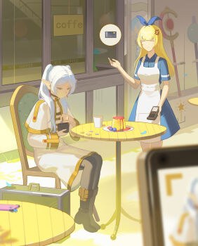 2girls absurdres anger_vein bag blonde_hair blue_dress blurry cafe chair closed_eyes coin commentary_request depth_of_field dress food frieren grey_hair highres holding holding_bag lingdu_han long_hair looking_down multiple_girls on_chair pantyhose pointy_ears pudding sitting sousou_no_frieren spoken_object staff table twintails white_dress