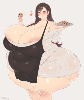1girl apron areola_slip ass belka_dog blush breasts cleavage cookie earrings fat female_focus final_fantasy final_fantasy_vii food gigantic_breasts heart huge_ass jewelry long_hair obese red_eyes skindentation solo thick_thighs thighs tifa_lockhart veins veiny_breasts wide_hips
