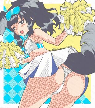 1girl absurdres animal_ears artist_name ass back black_hair blue_archive blue_eyes cheerleader commentary_request dog_ears dog_girl dog_tail goggles goggles_on_head halo hibiki_(blue_archive) hibiki_(cheer_squad)_(blue_archive) highres holding holding_pom_poms long_hair looking_at_viewer looking_back millennium_cheerleader_outfit_(blue_archive) official_alternate_costume open_mouth panties pom_pom_(cheerleading) pom_poms simple_background skirt solo tail underwear white_panties yamaneko_suzume yellow_halo