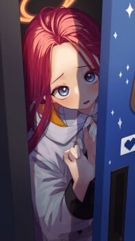 1girl blue_archive blush forehead halo head_tilt highres in_locker jacket kagari_viii looking_at_viewer red_eyes solo white_jacket yuzu_(blue_archive)