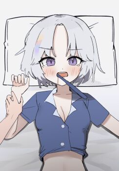 1girl animated animated_gif ayatsuno_yuni bed_sheet blue_shirt breasts brushing_another's_teeth closed_eyes grey_hair head_on_pillow highres holding_another's_wrist just_0012 looking_at_viewer lying on_back parted_bangs pillow pov pov_hands purple_eyes shirt short_hair short_sleeves small_breasts solo_focus stellive tearing_up toothbrush upper_body virtual_youtuber