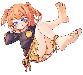 1girl ankle_ribbon barefoot black_shirt blue_eyes chaosexceed closed_mouth commentary english_commentary highres leg_ribbon loli long_sleeves looking_at_viewer medium_hair miniskirt orange_hair original paid_reward_available panties pleated_skirt ribbon shirt simple_background skirt soles solo toes two_side_up underwear white_background yellow_panties yellow_skirt