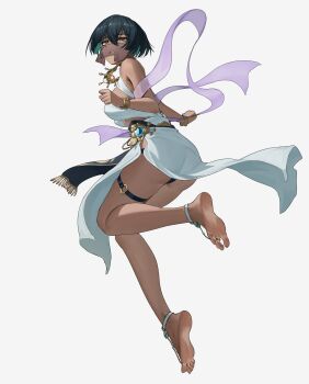 1girl a_kite_(akitee) absurdres anklet bare_arms bare_back bare_legs bare_shoulders barefoot black_panties breasts commentary_request dark-skinned_female dark_skin feet highres jewelry looking_at_viewer looking_back mask no_shoes original panties short_hair skirt soles underwear veil white_skirt yellow_eyes