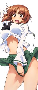 1girl absurdres black_neckerchief blush breasts brown_eyes brown_hair erakin girls_und_panzer highres large_breasts looking_at_viewer miniskirt navel neckerchief nishizumi_miho no_bra no_panties ooarai_school_uniform open_mouth school_uniform short_hair simple_background skirt solo sweat underboob white_background