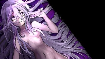 1girl 56koruru animal_ears breasts completely_nude cowboy_shot hair_flowing_over hair_over_shoulder hand_up highres holding_ear id_and_i lolratz long_hair lying messy_hair nipples non-web_source nude on_back on_bed open_mouth pink_eyes pink_hair ribs seraline skinny solo tail very_long_hair