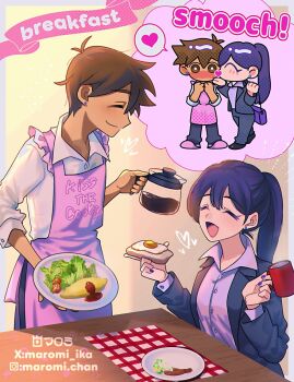 1boy 1girl alternate_costume alternate_hairstyle antenna_hair apron black_suit blush bread bread_slice bright_pupils brown_eyes brown_hair censored closed_eyes closed_mouth coffee_mug coffee_pot collared_shirt cup dark-skinned_male dark_skin ear_piercing food formal_clothes fried_egg fried_egg_on_toast heart heart_censor hero_(faraway)_(omori) hero_(omori) highres holding holding_cup holding_plate kiss kiss_the_cook kissing_cheek long_hair mari_(faraway)_(omori) mari_(omori) maromichan mug omori open_mouth piercing pink_apron plate ponytail purple_nails shirt short_hair smile speech_bubble spoken_heart suit table toast white_pupils white_shirt
