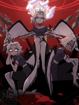 3girls angel angel_wings black_halo blood bloody_weapon colored_skin crossed_legs feathered_wings grey_hair grey_skin halo hazbin_hotel hellaverse highres holding holding_polearm holding_weapon kneeling looking_at_viewer lute_(hazbin_hotel) mono_rnrn multiple_girls polearm red_sky short_hair sitting sky smirk spear vaggie weapon white_hair white_skin wings yellow_eyes