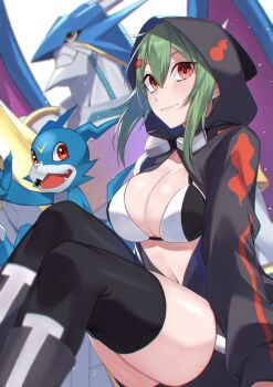 digimon green_hair highres hood looking_at_viewer red_eyes shinomiya_rina smile ulforcev-dramon v-mon