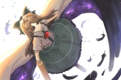 Rule 34 | 1girl, arm cannon, bionekojita, bird wings, black feathers, black wings, bow, brown eyes, brown hair, cape, cloak, closed mouth, commentary request, control rod, falling feathers, feathers, green bow, green skirt, hair bow, long hair, reiuji utsuho, short sleeves, skirt, solo, starry sky print, third eye, touhou, weapon, wings