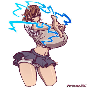 1girl alternate_body_build alternate_body_size alternate_breast_size artist_name black_skirt breasts brown_eyes brown_hair brown_sweater brown_sweater_vest brown_vest cardigan_vest covered_erect_nipples curvy electricity electrokinesis fantasy feet_out_of_frame from_side gigantic_breasts hair_between_eyes looking_at_viewer looking_to_the_side medium_hair midriff miniskirt misaka_mikoto n647 navel outstretched_arm pleated_skirt psychic school_uniform science_fiction shirt short-sleeved_shirt short_hair short_shorts short_sleeves shorts shorts_under_skirt simple_background skirt standing stomach sweater sweater_vest thick_thighs thighs toaru_kagaku_no_railgun toaru_majutsu_no_index tokiwadai_school_uniform vest white_background white_shirt white_shorts wide_hips