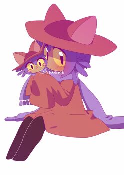 1other :3 absurdres androgynous animal_hat black_eyes blush blush_stickers brown_hat cat_hat character_doll child closed_mouth colored_sclera doll dot_nose full_body hat highres holding holding_doll ja6m6 long_sleeves looking_at_viewer medium_hair niko_(oneshot) oneshot_(game) other_focus purple_hair purple_scarf scarf simple_background sitting sleeves_past_fingers sleeves_past_wrists solo twitter_username white_background yellow_sclera