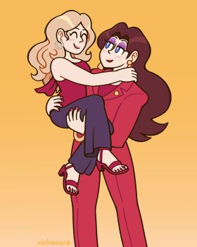 2girls absurdres black_pants blonde_hair blue_eyes brown_hair buffy_summers buffy_the_vampire_slayer carrying carrying_person closed_eyes closed_mouth highres mario_(series) multiple_girls nintendo nintooner pants pauline_(mario) princess_carry red_nails red_pants red_sandals sandals smile