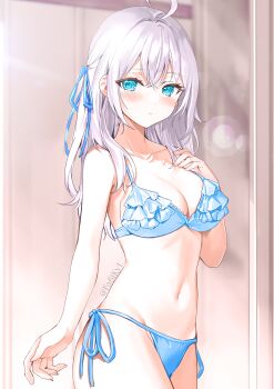 1girl ahoge alisa_mikhailovna_kujou aqua_eyes armpit_crease bikini blue_bikini blue_ribbon blush breasts cleavage closed_mouth collarbone colorized commentary fa6ikyl fingernails grey_hair hair_between_eyes highres large_breasts long_hair looking_at_viewer navel ribbon side-tie_bikini_bottom solo stomach swimsuit tokidoki_bosotto_roshia-go_de_dereru_tonari_no_alya-san twitter_username