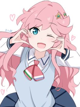 Rule 34 | 1girl, ;d, absurdres, blue eyes, blue skirt, blue sweater vest, blush, collared shirt, commentary, hair flaps, hair ornament, hands on own cheeks, hands on own face, heart, heart hands, highres, ikizulive! love live! bluebird, kanazawa miracle, long sleeves, looking at viewer, love high school uniform, love live!, matcha moti (matcha 427), miniskirt, one eye closed, open mouth, pink hair, pleated skirt, school uniform, shirt, skirt, smile, solo, star (symbol), star hair ornament, sweater vest, white shirt