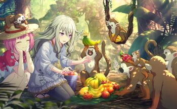 2girls ^_^ banana black_pants blurry blurry_background blush bucket closed_eyes closed_mouth colorful_palette depth_of_field dragon_fruit dress durian food fruit game_cg green_hair hands_on_own_cheeks hands_on_own_face hat highres kusanagi_nene leaf monkey multiple_girls official_art ootori_emu pants pink_hair pink_shirt project_sekai purple_eyes sandals shirt sitting smile straw_hat sweatdrop third-party_source toenails translation_request white_dress zettai_zetsumei!?_island_panic!_(project_sekai)