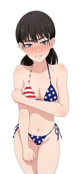 1girl absurdres american_flag american_flag_bikini american_flag_print anime_coloring bikini black_hair breasts chainsaw_man cleavage collarbone commentary_request cowboy_shot embarrassed flag_print flag_print_bikini highres long_hair looking_at_viewer lower_teeth_only medium_breasts mitaka_asa na-suke navel parted_lips print_bikini ringed_eyes side-tie_bikini_bottom simple_background solo standing stomach swimsuit teeth thighs tongue variant_set white_background