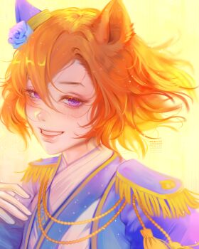 absurdres aiguillette animal_ears blue_jacket commentary ear_covers ear_flower english_commentary epaulettes flower grin highres horse_ears horse_girl jacket japanese_clothes kimono long_sleeves looking_at_viewer mochiwasabii official_alternate_costume open_mouth orange_hair purple_eyes short_hair smile t.m._opera_o_(new_year_same_radiance!)_(umamusume) t.m._opera_o_(umamusume) teeth umamusume upper_body white_kimono