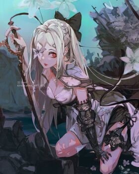 1girl black_bow bow breasts commentary drag-on_dragoon drag-on_dragoon_3 dress english_commentary flower flower_over_eye hair_bow highres holding holding_sword holding_weapon kneeling kyoukaraa long_hair mechanical_arms medium_breasts one_eye_covered parted_lips prosthesis prosthetic_arm red_eyes single_mechanical_arm solo sword weapon white_dress white_flower white_hair zero_(drag-on_dragoon)