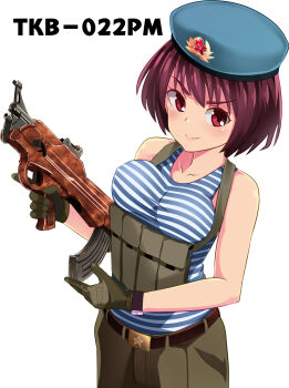 1girl ammunition_pouch assault_rifle belt beret breast_rest breasts bullpup carbine cargo_pants clear_doi gun hat highres long_gun military military_uniform original pants pouch prototype prototype_design red_hair rifle shirt sideboob striped_clothes striped_shirt tkb-022 tkb-022pm tkb-022pm5_no._1 vest weapon weapon_focus weapon_name weird_guns_of_the_world