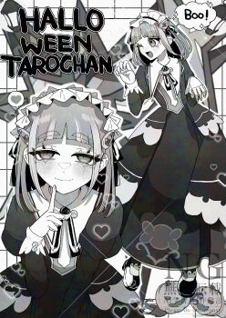 1girl ;d absurdres character_name closed_mouth commentary_request dress eyelashes greyscale hair_ornament hairclip highres index_finger_raised jack-o&#039;-lantern juliet_sleeves lacey_(fall_2025)_(pokemon) lacey_(pokemon) long_sleeves looking_at_viewer maid maid_headdress monochrome multiple_views nintendo official_alternate_costume one_eye_closed open_mouth pokemon pokemon_masters_ex puffy_sleeves short_hair smile ssandesu