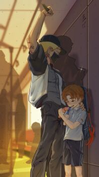 age_difference black_shorts brown_eyes brown_hair bulge cardcaptor_sakura erection erection_under_clothes happy highres li_syaoran looking_down male_focus penis public_indecency shorts shota size_difference subway sujiangjie testicles yaoi