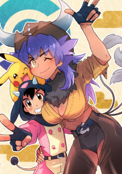 1boy 1girl alternate_costume arm_up ash_ketchum belt black_gloves black_hair blush breasts bright_pupils brown_eyes chaps character_print cleavage closed_mouth commentary_request cosplay dark-skinned_female dark_skin dododo_dadada fake_horns fingerless_gloves fur_collar gen_1_pokemon gen_2_pokemon genderswap genderswap_(mtf) gloves grin hood hood_up horns leon_(pokemon) long_hair miltank miltank_(cosplay) nintendo on_head one_eye_closed pikachu pokemon pokemon_(anime) pokemon_(creature) pokemon_journeys pokemon_on_head purple_hair shirt short_shorts shorts sleeves_rolled_up smile tauros tauros_(cosplay) teeth textless_version tied_shirt white_pupils yellow_eyes