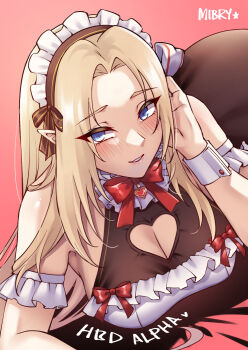1girl alpha_(kage_no_jitsuryokusha_ni_naritakute!) artist_name bare_shoulders black_dress blonde_hair blue_eyes blush breasts cleavage cleavage_cutout clothing_cutout dress heart_cutout highres kage_no_jitsuryokusha_ni_naritakute! long_hair maid maid_headdress mibry_(phrysm) pink_background simple_background solo