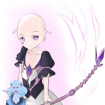 1girl bald bald_female highres hololive hololive_english koseki_bijou koseki_bijou_(1st_costume) kyubey mahou_shoujo_madoka_magica purple_eyes smile solo virtual_youtuber what