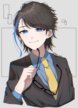 Rule 34 | 1boy, black-framed eyewear, black hair, black jacket, blue eyes, blue hair, blue shirt, closed mouth, commentary request, cropped torso, hand up, highres, holding, holding removed eyewear, hoshi no shizuku, jacket, kamen rider, kamen rider den-o (series), lapels, long sleeves, looking at viewer, male focus, mole, multicolored hair, necktie, nogami ryoutarou, notched lapels, shirt, smile, solo, streaked hair, twitter username, two-tone hair, unworn eyewear, urataros, yellow necktie