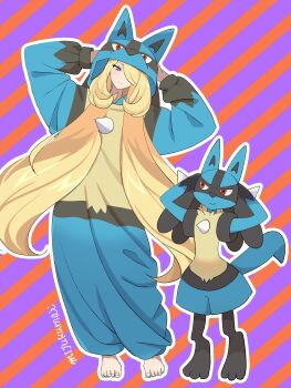 1girl 1other absurdres alternate_costume arms_behind_head artist_name barefoot blonde_hair character_costume closed_mouth cynthia_(pokemon) diagonal-striped_background feet full_body furry gen_4_pokemon grey_eyes hair_over_one_eye highres long_hair looking_at_another lucario mijukuma nintendo one_eye_covered outline pokemon pokemon_(creature) pokemon_dppt red_eyes smile spikes standing striped_background toes very_long_hair white_outline