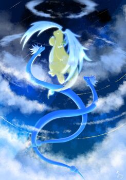 claws cloud commentary_request dragon dragonair dragonite feathered_wings flying gen_1_pokemon head_wings highres horns mega_dragonite mega_pokemon natu_a0z0ra nintendo no_humans pokemon pokemon_(creature) pokemon_focus single_horn sky tail wings