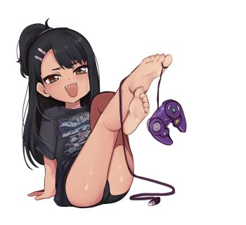 1girl aged_down barefoot black_hair black_panties black_shirt blush brown_eyes controller fangs feet female_focus foot_focus gamecube_controller hair_ornament hairclip highres ijiranaide_nagatoro-san legs loli looking_at_viewer meemz_a nagatoro_hayase panties ponytail shirt soles solo thighs toes underwear white_background