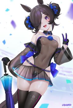 1girl absurdres alternate_costume alternate_hairstyle animal_ears bare_shoulders black_gloves black_leotard black_thighhighs blue_flower blue_gloves blue_rose blurry blush breasts commentary confetti covered_navel crotch_zipper depth_of_field detached_sleeves double_bun flower frilled_sleeves frills gloves hair_bun hair_ornament hand_up head_tilt highleg highleg_leotard highres horse_ears horse_girl horse_tail leotard looking_at_viewer open_mouth planted planted_umbrella pleated_skirt purple_eyes race_queen revision rice_shower_(umamusume) rose see-through_clothes see-through_skirt see-through_sleeves skindentation skirt small_breasts smile solo symbol-only_commentary tail teeth thighhighs thighs translucent_bunnysuit two-tone_gloves ugohato umamusume umbrella upper_teeth_only v