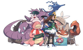 1girl air_bubble animal_ears bad_id bad_pixiv_id banner bare_shoulders brown_eyes brown_hair bubble closed_eyes crossover dress ear_covers english_text fang fuyukayui gen_1_pokemon gen_2_pokemon gen_3_pokemon gloves grey_eyes hand_on_own_hip high_heels highres horse_ears horse_girl horse_tail king_halo_(umamusume) kingdra kingler long_hair magikarp name_connection nidoking nintendo ojou-sama_pose open_mouth pokemon pokemon_(creature) red_eyes short_sleeves simple_background slaking slowking tail thighhighs umamusume white_background