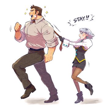 Rule 34 | 1boy, 1girl, absurdres, ace attorney, ascot, bandage on face, bandages, belt, black belt, black gloves, black pants, black shoes, black skirt, black vest, blue hair, brown hair, collared shirt, commentary, dick gumshoe, earrings, english text, facial hair, franziska von karma, frown, full body, gloves, goatee stubble, grey shirt, highres, jewelry, juliet sleeves, long sleeves, mole, mole under eye, muscular, muscular male, necktie, open mouth, pants, pencil behind ear, profile, puffy sleeves, red necktie, shirt, shoes, simple background, skirt, sleeves rolled up, smile, standing, stubble, untranslatable commentary, v-shaped eyebrows, vest, white ascot, white background, yowasabimechaoc