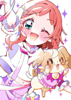 Rule 34 | 1girl, ;d, absurdres, arm up, bow, bowtie, closed eyes, commentary, dog, green eyes, hair ornament, hairclip, happy, highres, inukai iroha, inukai komugi, inukai komugi (dog), looking at viewer, medium hair, midriff, navel, one eye closed, open mouth, pink bow, pink bowtie, pink shorts, pixiv username, potacure, pouch, precure, red hair, shirt, short sleeves, shorts, smile, solo, sparkle, suspender shorts, suspenders, twitter username, white background, white shirt, wonderful precure!