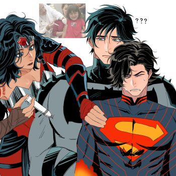 1girl 2boys absolute_batman absolute_dc absolute_superman absolute_wonder_woman back_spikes batman batman_(absolute_dc) batman_symbol black_hair bodysuit bruce_wayne clark_kent commentary_request cowl dailypopopo dark-skinned_female dark_skin dc_comics diana_prince grey_bodysuit highres large_pectorals long_hair multiple_boys muscular muscular_male pectorals superhero_costume superman taut_bodysuit wonder_woman wonder_woman_(absolute_dc) wonder_woman_(series)