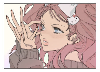 1girl cat_hair_ornament contact_lens danganronpa:_trigger_happy_havoc danganronpa_(series) enoshima_junko freckles from_side hair_ornament hands_up hello_kitty highres long_hair long_sleeves nail_polish red_nails sanrio seailand smile teeth twintails