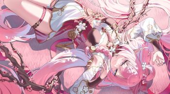 1girl absurdres arm_up branch breasts cleavage closed_mouth dress elysia_(herrscher_of_human:_ego)_(honkai_impact) elysia_(honkai_impact) elysia_(peachy_spring)_(honkai_impact) from_above hand_up highres honkai_(series) honkai_impact_3rd hyume_26 large_breasts long_hair looking_at_viewer lying official_alternate_costume on_back pink_hair pink_theme pointy_ears purple_eyes sidelocks smile solo thigh_strap thighs unfinished