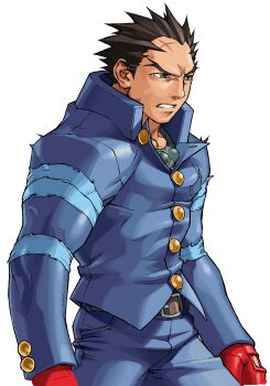 Rule 34 | 1boy, absurdres, belt, blue pants, clenched teeth, cowboy shot, edaki shin'ya, forked eyebrows, from side, gakuran, game cg, gloves, highres, ichimonji batsu, justice gakuen, male focus, moero! justice gakuen, non-web source, official art, pants, red gloves, scar, scar on face, scar on forehead, school uniform, serious, simple background, solo, standing, teeth, white background