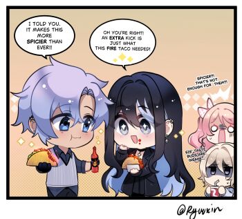 1boy 3girls :d artist_name black_dress black_hair black_jacket blonde_hair blue_eyes blue_hair blue_shirt border bottle chibi chibi_only collared_shirt colored_inner_hair commentary cup double-parted_bangs dress drinking drinking_straw eating english_commentary english_text food grey_vest hair_between_eyes highres holding holding_bottle holding_cup holding_food jacket jitome long_hair matteo_(silverphantom) multicolored_hair multiple_girls o_o open_mouth original parted_bangs pink_hair ryuuxin sadie_(ryuuxin) shaded_face shirt short_hair smile speech_bubble spicy streaked_hair taco talking vest white_border