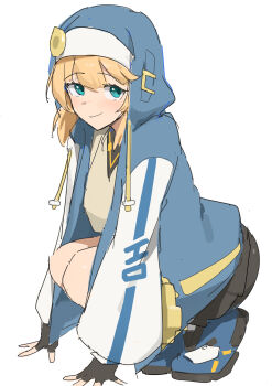 1boy androgyne_symbol black_gloves blonde_hair blue_jacket blue_shoes bridget_(guilty_gear) brown_collar closed_mouth collar double-parted_bangs drawstring fingerless_gloves gloves green_eyes guilty_gear guilty_gear_strive hands_on_ground highres hood hood_up hooded_jacket jacket long_sleeves looking_at_viewer male_focus multicolored_jacket nun open_clothes open_jacket puffy_long_sleeves puffy_sleeves shirt shoes simple_background smile solo squatting t-lex trap two-tone_jacket white_background white_jacket white_shirt
