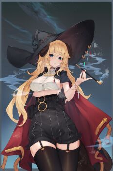 Rule 34 | 1girl, absurdres, aoria, arm under breasts, arm up, belt, black belt, black collar, black culottes, black garter straps, black hat, black robe, black thighhighs, blonde hair, blue eyes, breasts, collar, collared halterneck, commentary, culottes, curled horns, dragon horns, dragon tail, fingerless gloves, garter straps, gloves, hat, highres, holding, holding smoking pipe, horns, large breasts, looking at viewer, nail polish, original, red nails, red robe, robe, shirt, sideboob, skort, smoking pipe, solo, standing, tail, thighhighs, two-sided robe, white shirt, witch, witch hat, zettai ryouiki