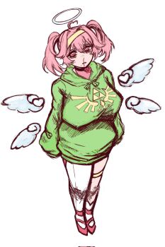 Rule 34 | 1girl, ahoge, angel, ashliel ailove, asymmetrical legwear, bags under eyes, blood, breasts, choker, cupid, detached wings, facial mark, gold headband, green hoodie, halo, headband, heart, heart-shaped mole, heart ahoge, heart facial mark, highres, hood, hoodie, large breasts, legband, mitri (cutemaidenjoyer), mole, mole under mouth, nosebleed, pink hair, short twintails, solo, thighhighs, twintails, vir2alverse, virtual youtuber, white thighhighs, wide hips, wings