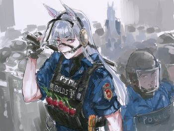 1boy 2girls animal_ears ballistic_shield baton_(weapon) black_gloves bridle clenched_teeth commentary crowd cuffs face_shield fingerless_gloves gloves gold_ship_(umamusume) grey_hair handcuffs helmet highres horse_ears horse_girl long_hair looking_at_another looking_at_viewer mask multiple_girls nervous osakana_(denpa_yun'yun) over_shoulder police police_uniform policeman policewoman purple_eyes riot_helmet riot_police shield shield_wall sketch solo_focus sweatdrop symbol-only_commentary tall_female teamwork teeth turtleneck umamusume weapon weapon_over_shoulder