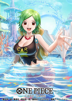 1girl backpack bag bracelet breasts camie_(one_piece) commentary_request copyright_name crop_top eyelashes green_hair haru_(toyst) jewelry large_breasts looking_at_viewer mermaid monster_girl necklace official_art one_piece one_piece_card_game open_mouth partially_submerged pearl_necklace red_eyes short_hair smile solo teeth upper_teeth_only