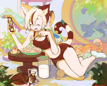 1girl ^_^ animal animal_ears blonde_hair bowl cake cat cat_ears cat_girl cat_tail cellphone clip_studio_paint_(medium) closed_eyes closed_mouth commentary_request double-parted_bangs elbow_rest eudetenis fang food food_on_face full_body green_socks hair_between_eyes hands_up highres holding holding_phone holding_utensil indoors long_bangs looking_at_screen milk multicolored_hair navel no_shoes open_mouth orange_cat original pasta pet phone pitcher_(container) plant ponytail potted_plant red_cat red_hair red_shorts red_sports_bra short_hair short_shorts shorts sleeping_animal smartphone socks solo spaghetti spoon sports_bra stomach table tail variant_set yarn yarn_ball